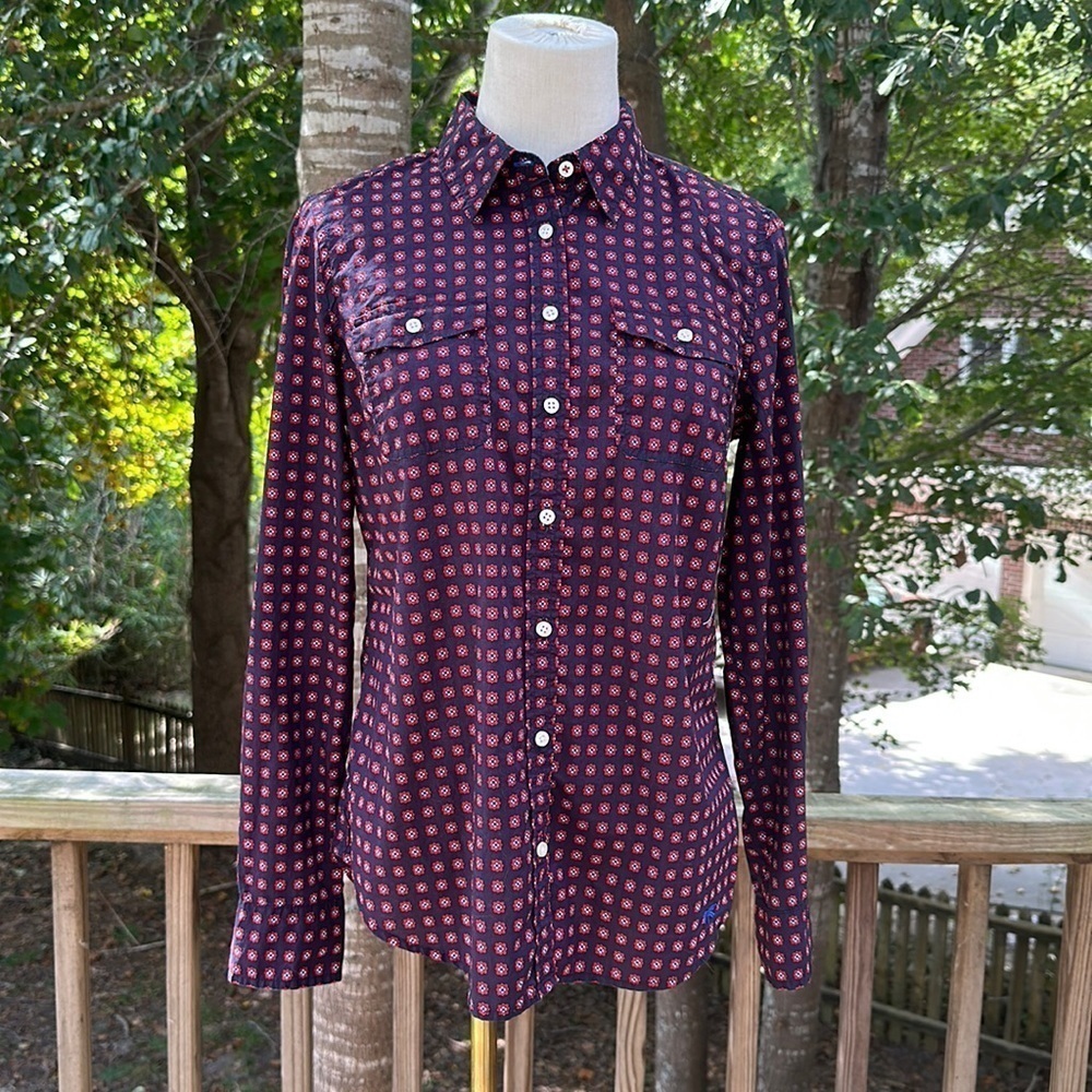 TALBOTS BLUE RED Small Floral Graphic Button Down Shirt 6